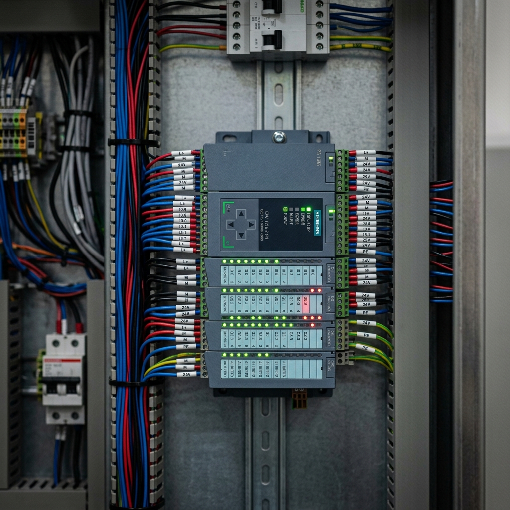 Programmable Logic Controller (PLC) inside an industrial control panel