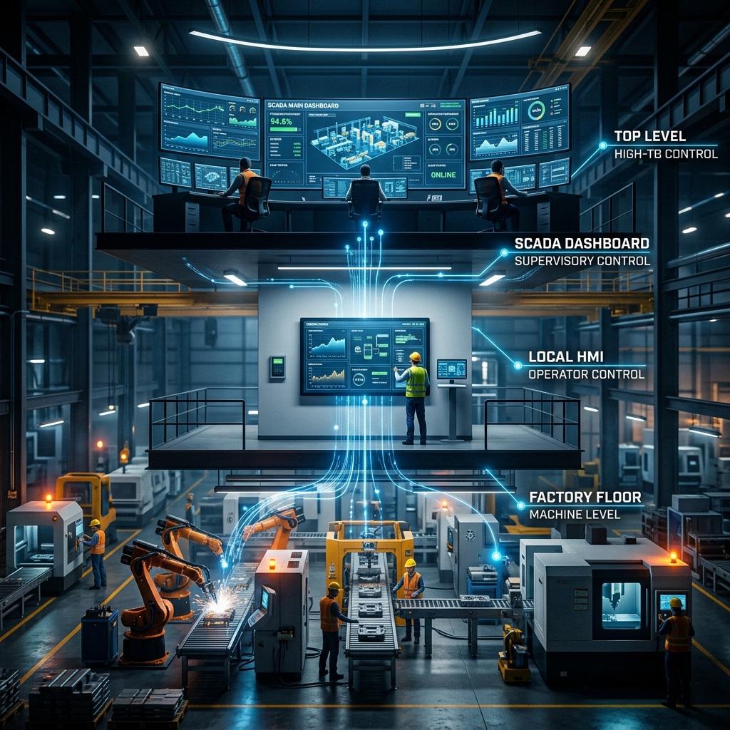 Industrial automation hierarchy showing SCADA, HMI, and PLC levels
